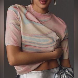 NWT Anthropologie Short Sleeve Multicolor Swirl Pattern Printed Sweater Top XS